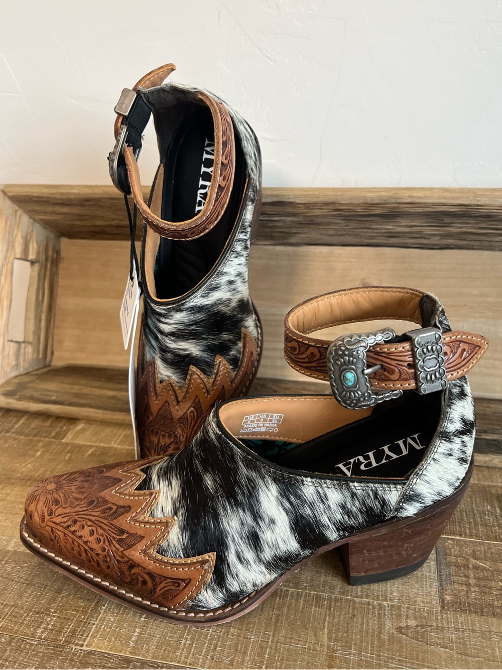 New Hand-Tooled Leather  strap Genuine Hide-On Women Bootie Boot Boho Western 6